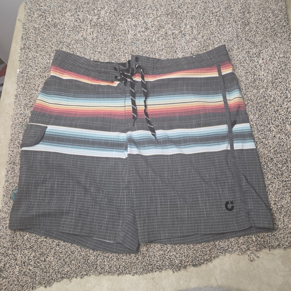 Compound Mens Board Shorts Size 36‎ Charcoal Grey Striped Swim Trunks Stretch